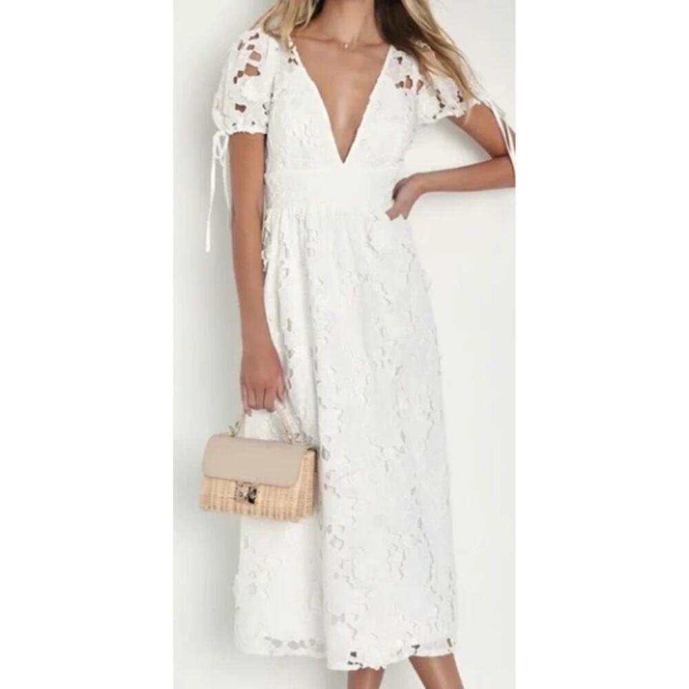 Lulu's Flourishing Blossoms 3D Floral Lace Backless Midi Dress Puff Sleeves XL
